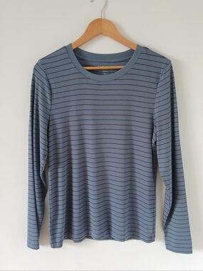Loft Striped Long Sleeve Crewneck Top. Slate Blue with Thin Brown Stripes. XL